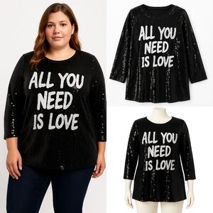 Black Sequin “ALL YOU NEED IS LOVE” Statement Top – Size XL